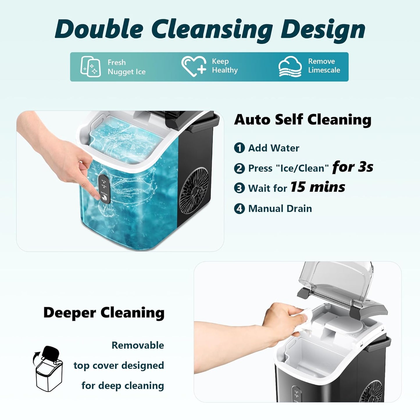 EUHOMY Nugget Ice Maker, One Click Operation, Chewable Pellet Ice Machine with Self Cleaning and Handle, Ready in 6 Minutes, 15.5kg per 24H
