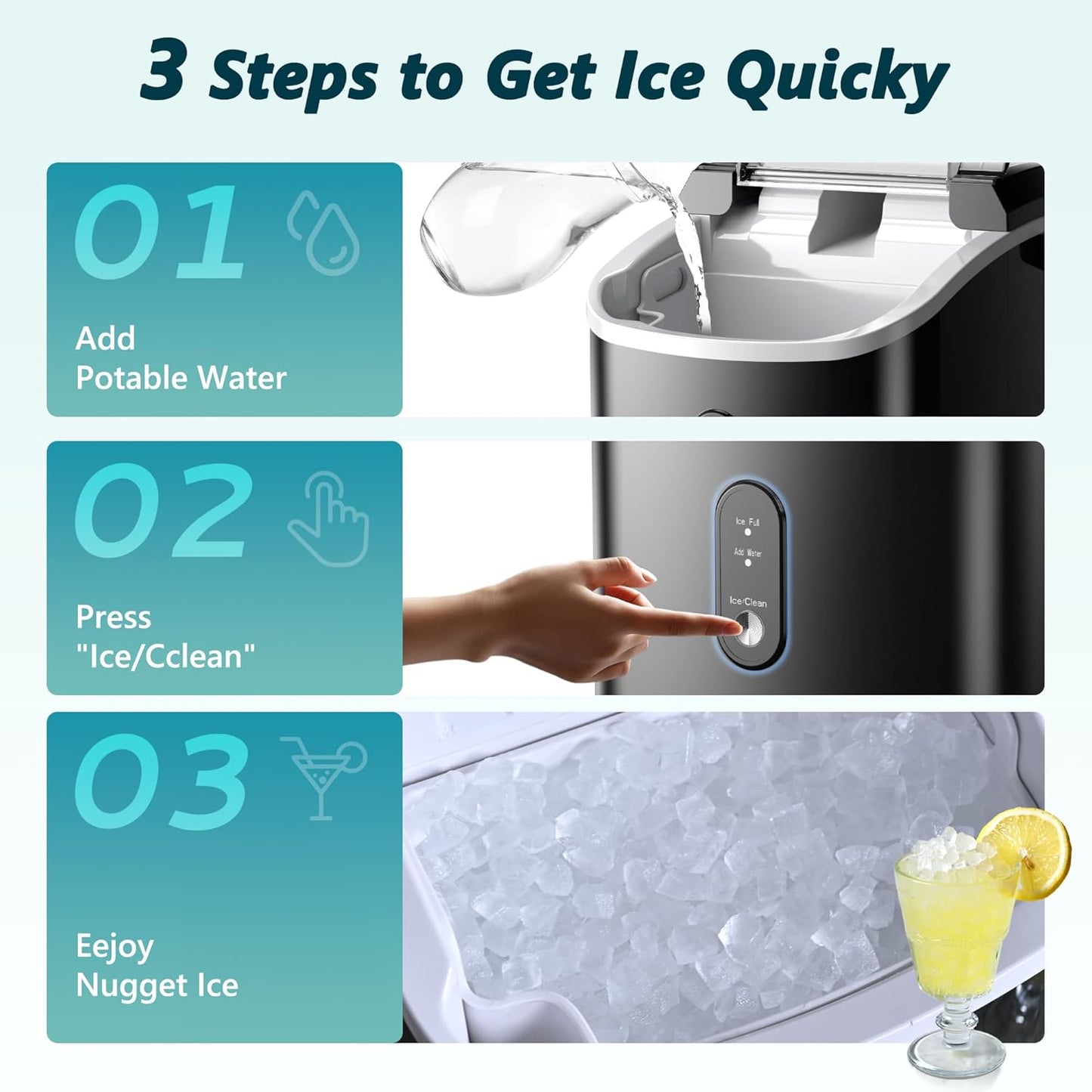 EUHOMY Nugget Ice Maker, One Click Operation, Chewable Pellet Ice Machine with Self Cleaning and Handle, Ready in 6 Minutes, 15.5kg per 24H