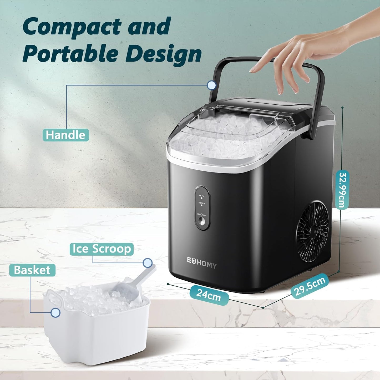 EUHOMY Nugget Ice Maker, One Click Operation, Chewable Pellet Ice Machine with Self Cleaning and Handle, Ready in 6 Minutes, 15.5kg per 24H