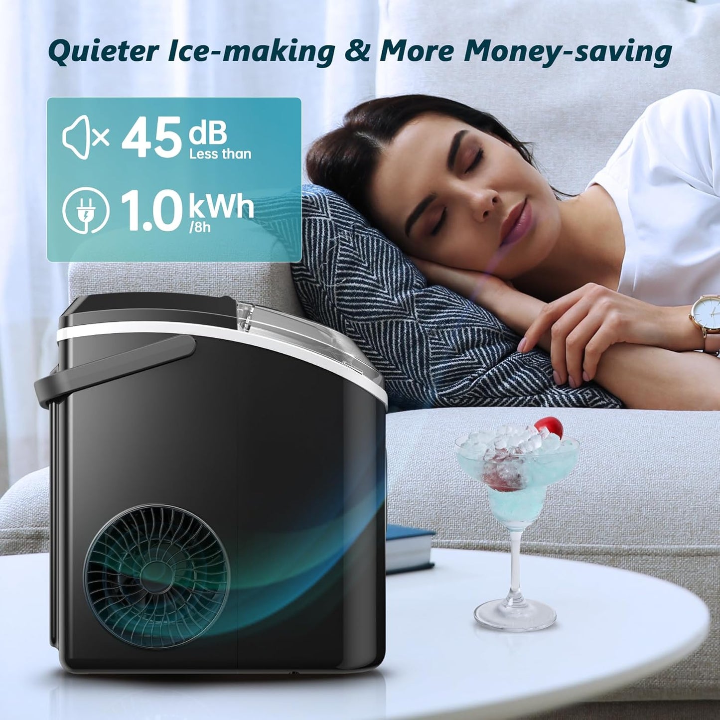 EUHOMY Nugget Ice Maker, One Click Operation, Chewable Pellet Ice Machine with Self Cleaning and Handle, Ready in 6 Minutes, 15.5kg per 24H
