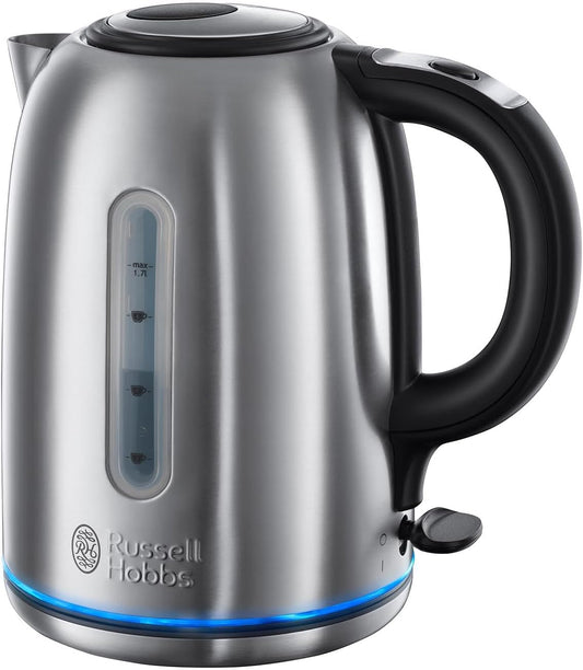 Russell Hobbs Brushed Stainless Steel Electric 1.7L Cordless Kettle (Quiet & Fast Boil 3KW, Removable washable anti-scale filter, Push button lid, Perfect pour spout)