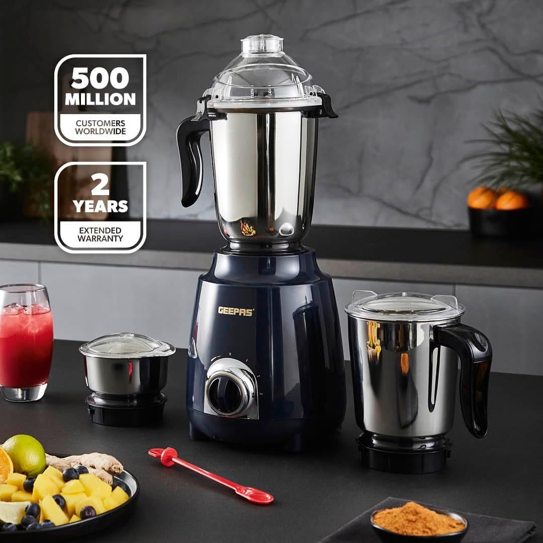 GEEPAS 600W 3 in 1 Mixer Grinder with Stainless Steel Jars and Blades, 3 Speed Control