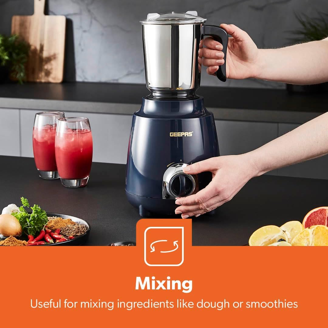 GEEPAS 600W 3 in 1 Mixer Grinder with Stainless Steel Jars and Blades, 3 Speed Control
