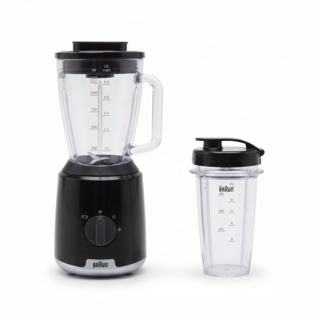 Braun PowerBlend 1 Jug Blender with Unique Triangular Glass Jug, 2 Speed, Ice Crush Function, Smoothie2Go Bottle Included, 600W, Black (JB1051BK)
