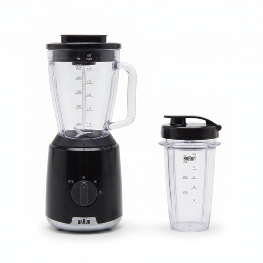 Braun PowerBlend 1 Jug Blender with Unique Triangular Glass Jug, 2 Speed, Ice Crush Function, Smoothie2Go Bottle Included, 600W, Black (JB1051BK)