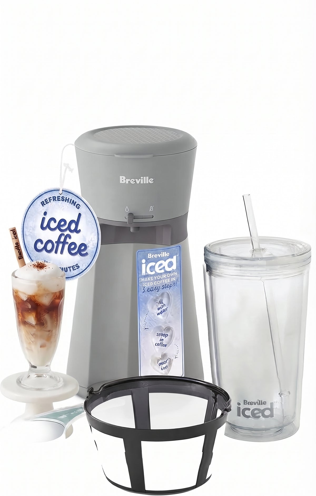 Breville Iced Coffee Maker | Single Serve Iced Coffee Machine Plus Coffee Cup with Straw | Ready in Under 4 Minutes | Grey