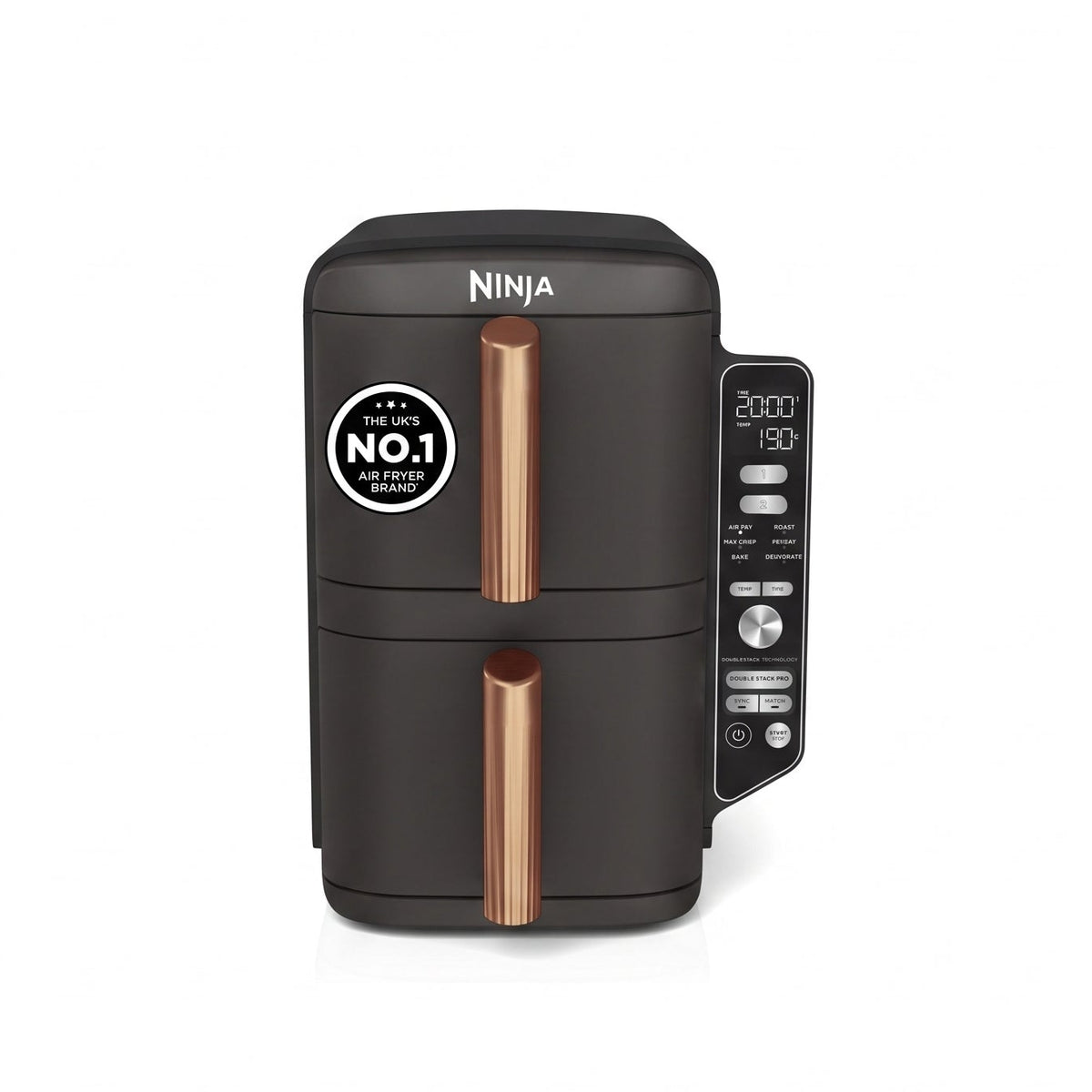 Ninja Double Stack XL Double Drawer Air Fryer with 4 Cooking Levels, 2 Drawers and 2 Stands, Space Saving Design, 9.5L Capacity, 6 Functions, 8 Servings, Tweezers, Black and Copper