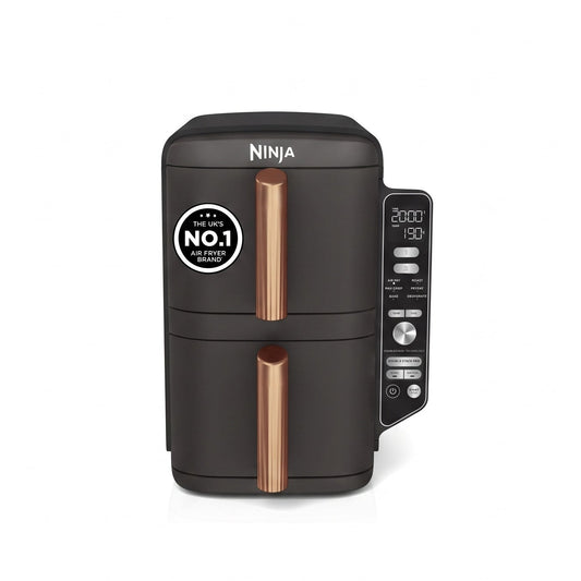 Ninja Double Stack XL Double Drawer Air Fryer with 4 Cooking Levels, 2 Drawers and 2 Stands, Space Saving Design, 9.5L Capacity, 6 Functions, 8 Servings, Tweezers, Black and Copper