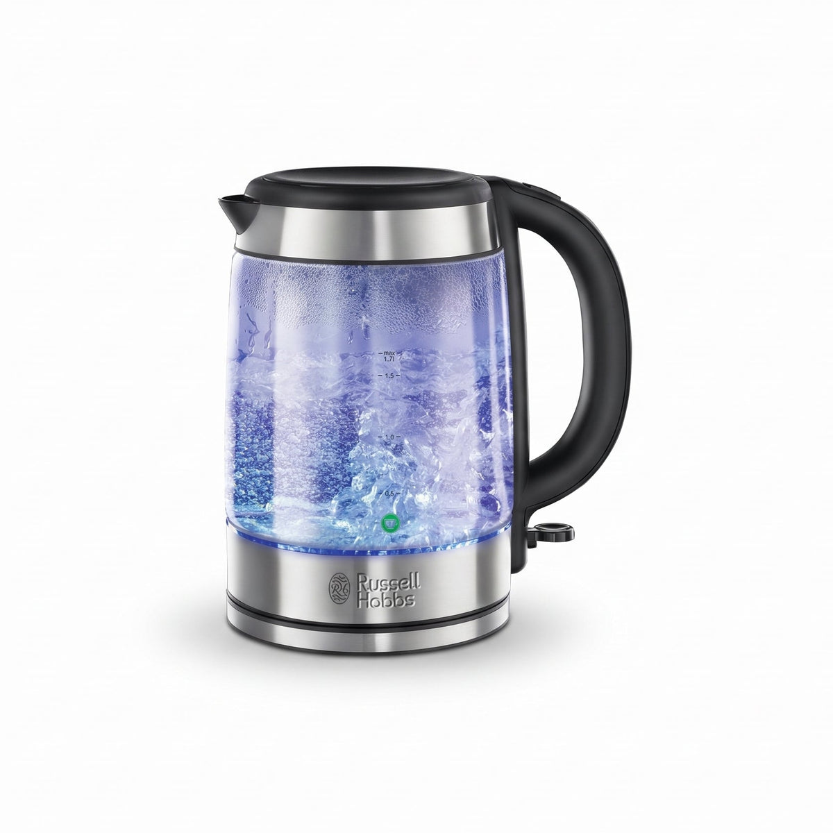 Russell Hobbs Illuminating 1.7L Electric Cordless Glass Kettle with black/brushed stainless steel accents (Fast Boil 3KW, Washable anti-scale filter, Button to open lid, Perfect pour spout)