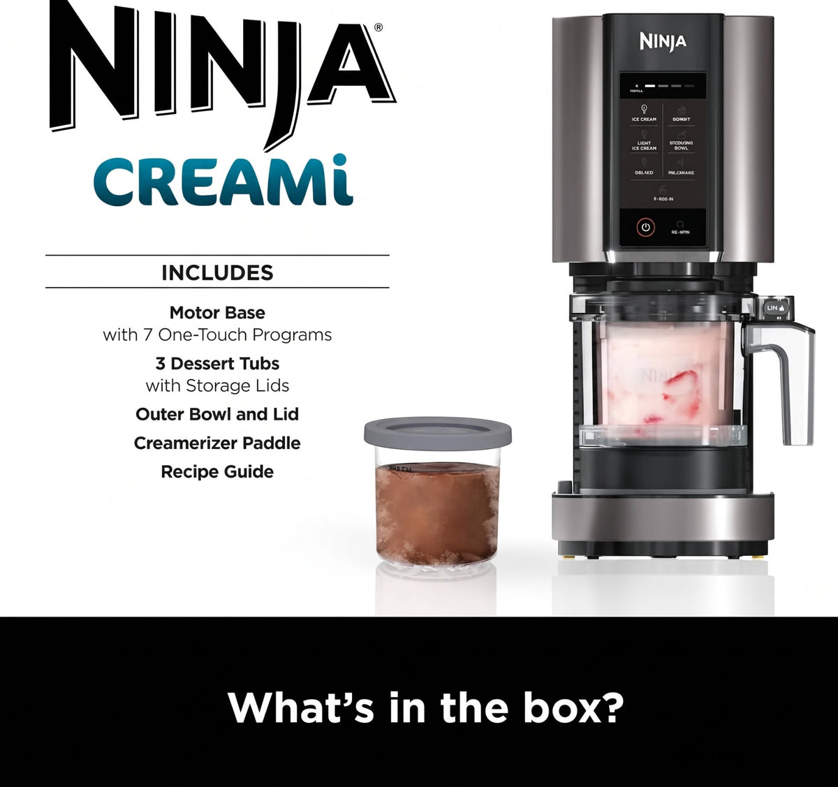 Ninja CREAMi Ice Cream Maker and Frozen Dessert Maker with 3 Tubs, 7 Programs, Makes Ice Cream, Gelato, Sorbet, Smoothie Bowl, Milkshakes and More, Black and Silver, Makes 1.4L of Ice Cream