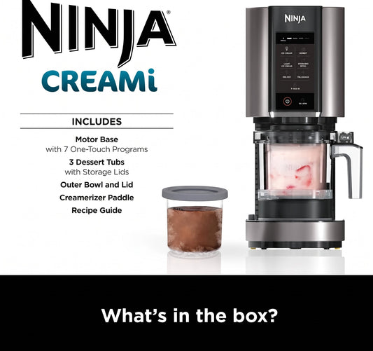 Ninja CREAMi Ice Cream Maker and Frozen Dessert Maker with 3 Tubs, 7 Programs, Makes Ice Cream, Gelato, Sorbet, Smoothie Bowl, Milkshakes and More, Black and Silver, Makes 1.4L of Ice Cream