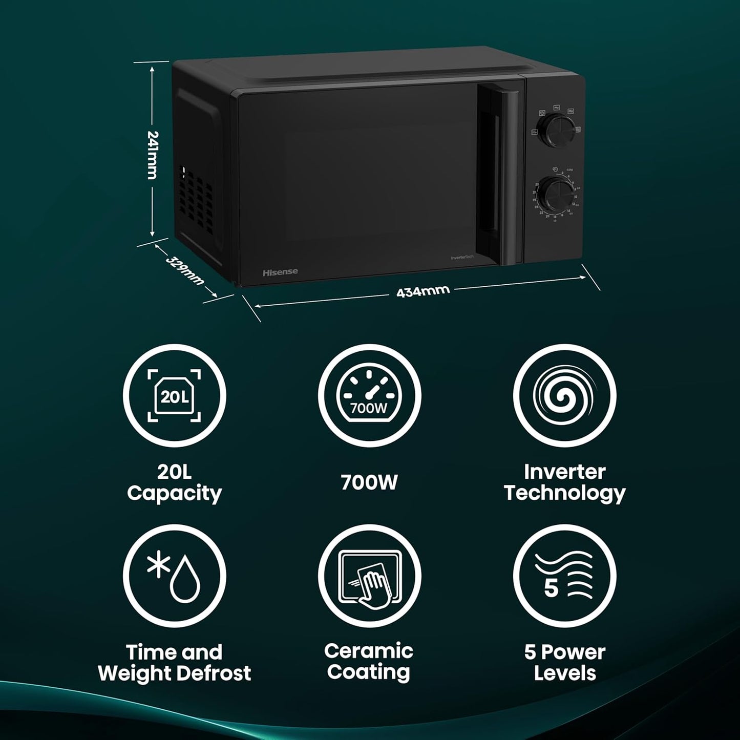 Hisense 700W 20 Litre Inverter Microwave Oven, Black, Automatic Defrost, 5 Power Levels, Easy Clean, Freestanding