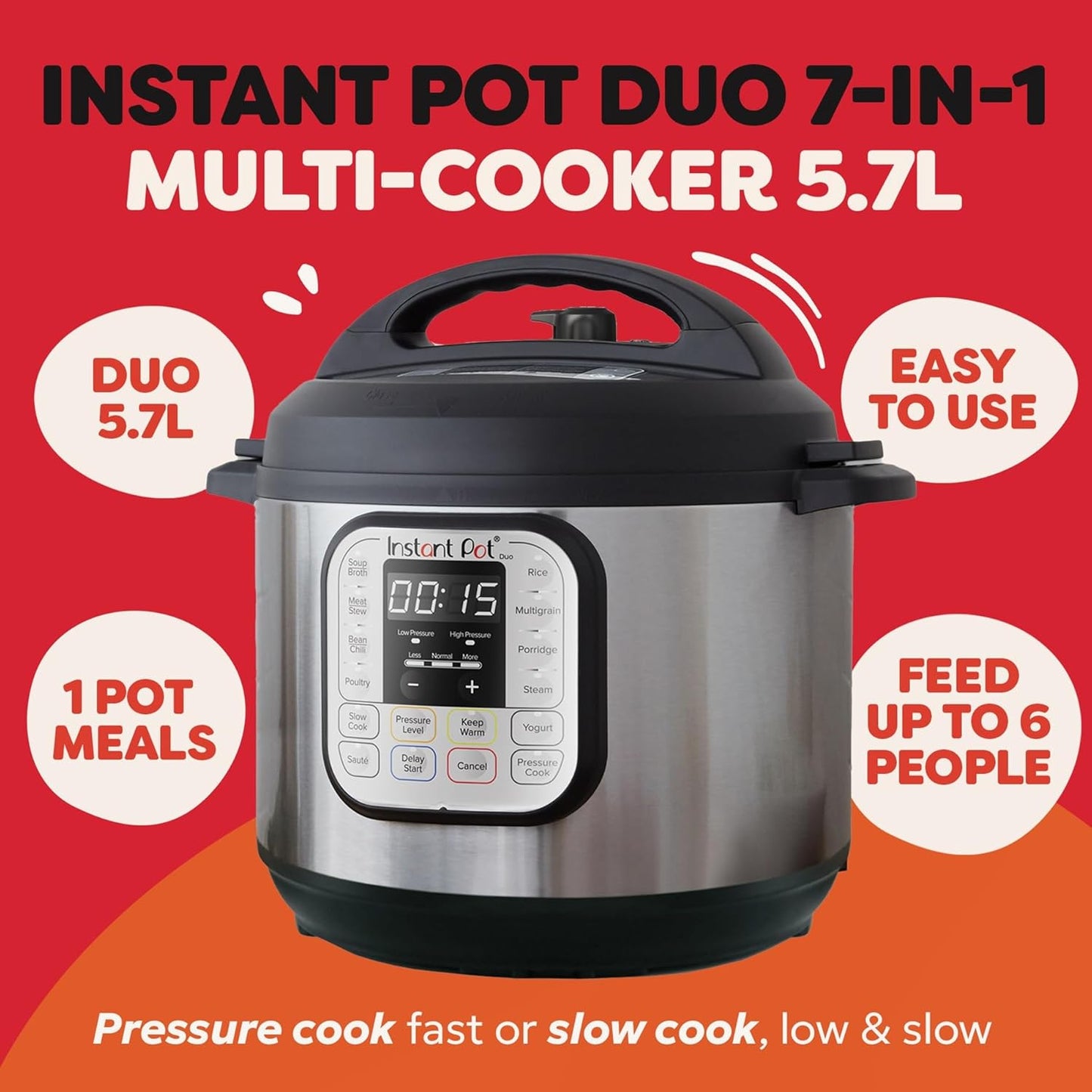 Instant Pot Duo 7 in 1 Electric Multi-Cooker, 5.7L, Brushed Stainless Steel, Large Pressure Cooker, Slow Cooker, Rice Cooker, Saute, Yoghurt Maker, Food Steamer and Food Warmer, Dishwasher Safe