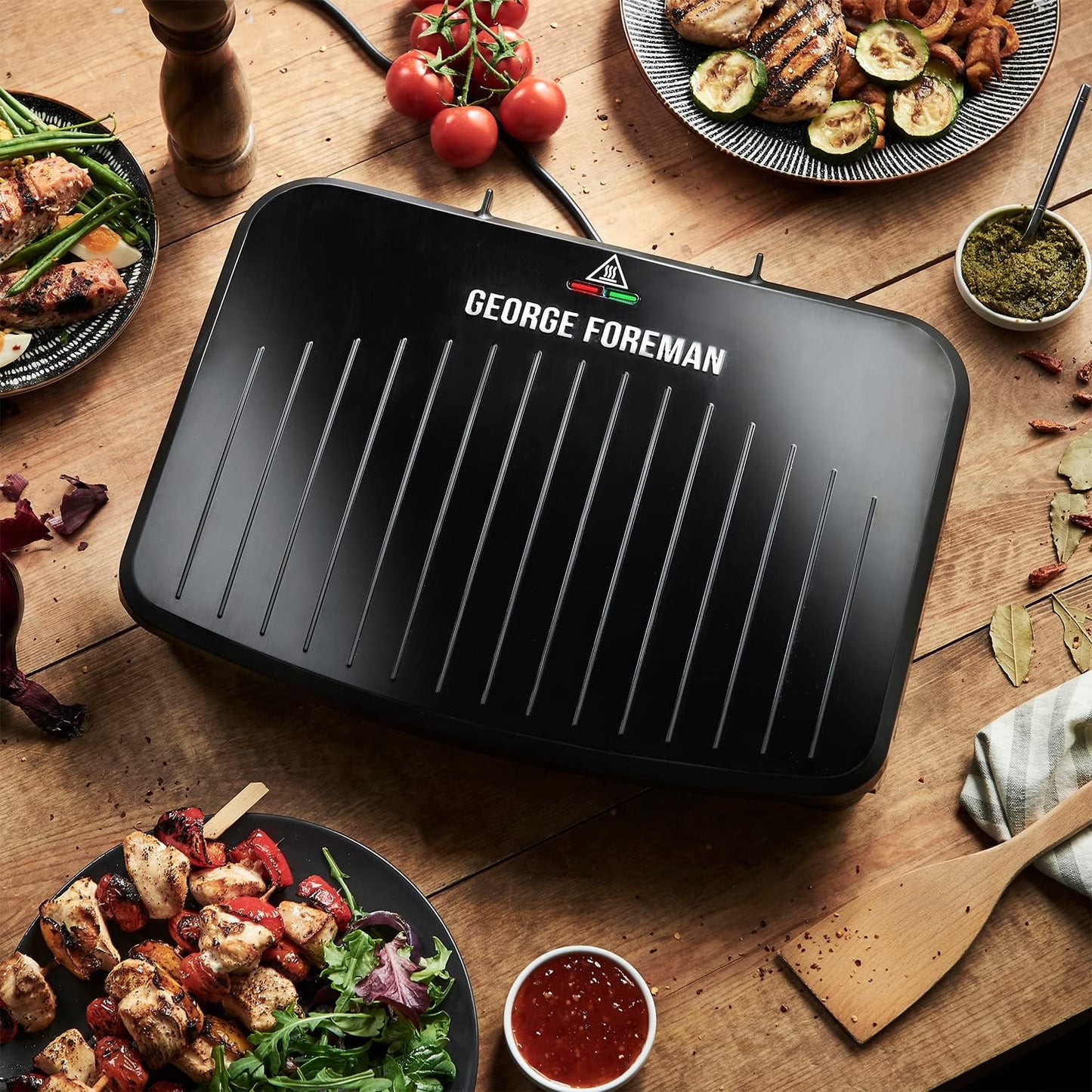 George Foreman Large Electric Fit Grill, Non Stick, Healthy Grilling, Griddle, Toastie, Hot Plate, Panini, BBQ, Energy Saving, Vertical Storage, Easy Clean, Drip Tray, Ready to Cook Light