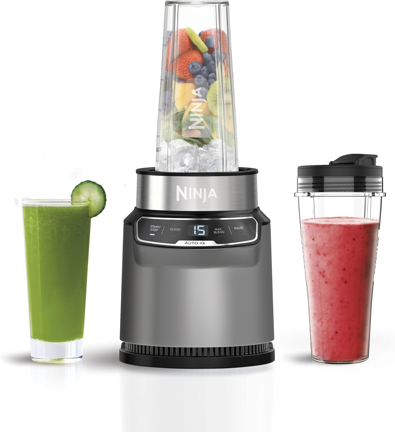 Ninja Blender BN500U 1000W Personal Smoothie Blender with Auto-iQ Technology, 700ml BPA-Free Cup, Stainless Steel Blades, One-Touch Controls, Dishwasher Safe, Grey/Silver