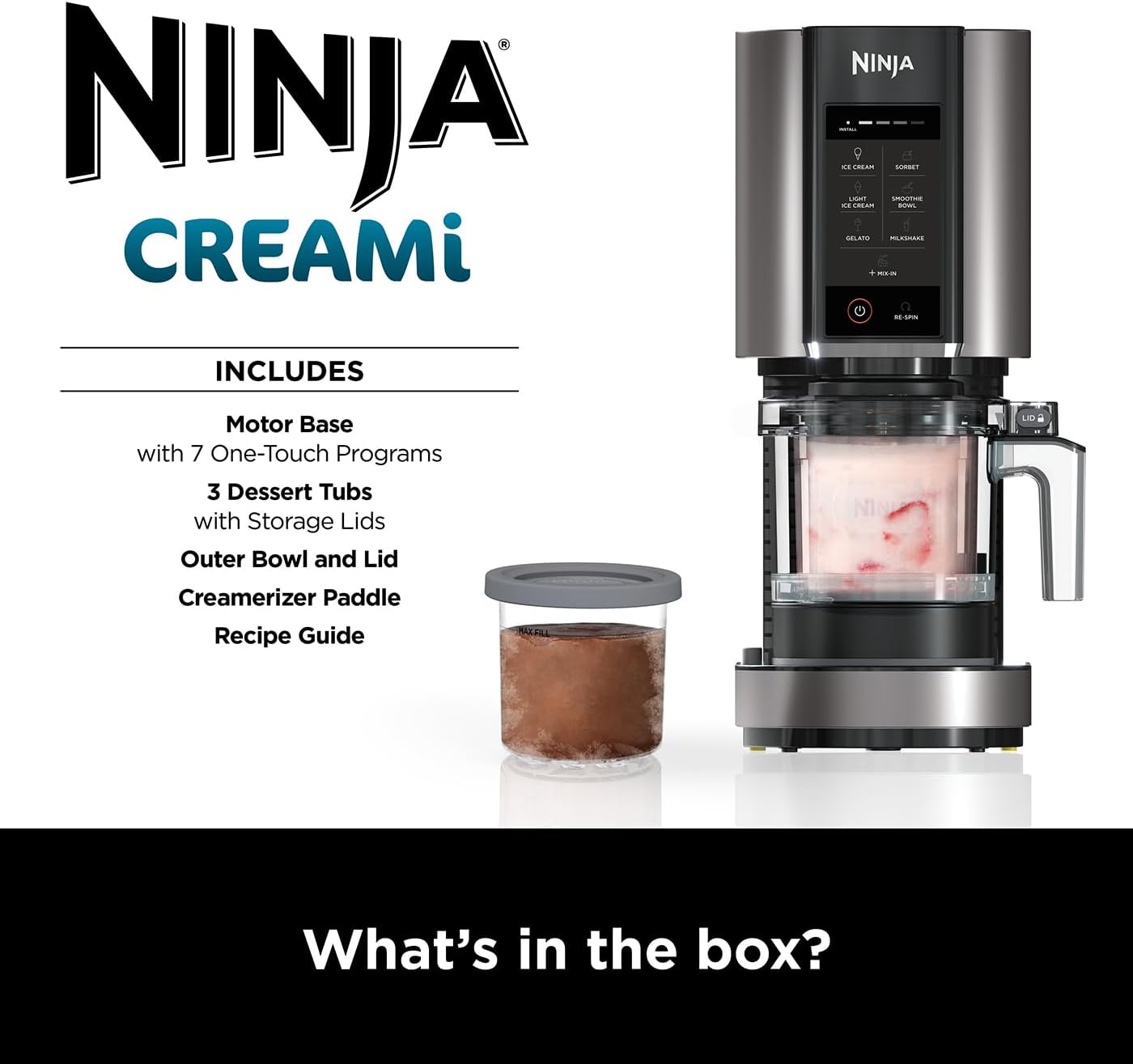 Ninja CREAMi Ice Cream Maker and Frozen Dessert Maker with 3 Tubs, 7 Programs, Makes Ice Cream, Gelato, Sorbet, Smoothie Bowl, Milkshakes and More, Black and Silver, Makes 1.4L of Ice Cream