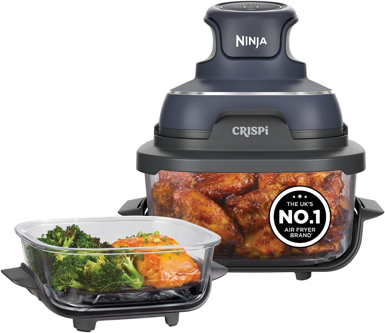 Ninja CRISPi Portable Air Fryer, 3.8L, 4 in 1: Air Fry, Roast, Keep Warm and Recrisp, Space Saving Compact Design, 2x Removable Glass Containers and Lids, 1700W, Cyber Space Blue