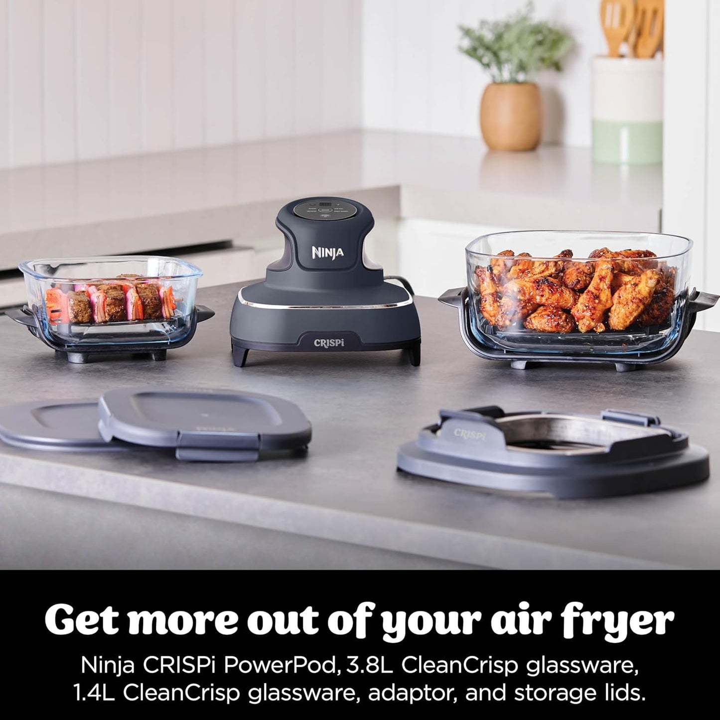 Ninja CRISPi Portable Air Fryer, 3.8L, 4 in 1: Air Fry, Roast, Keep Warm and Recrisp, Space Saving Compact Design, 2x Removable Glass Containers and Lids, 1700W, Cyber Space Blue