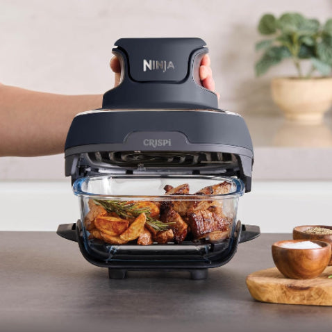 Ninja CRISPi Portable Air Fryer, 3.8L, 4 in 1: Air Fry, Roast, Keep Warm and Recrisp, Space Saving Compact Design, 2x Removable Glass Containers and Lids, 1700W, Cyber Space Blue