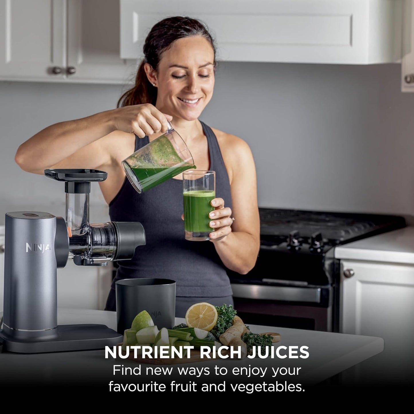 Ninja Cold Press Juicer Machine with 700ml Jug and 1.1L Pulp Container, Make Fresh Juices, Drinks and Wellness Shots, Compact, Dishwasher Safe with Removable Parts