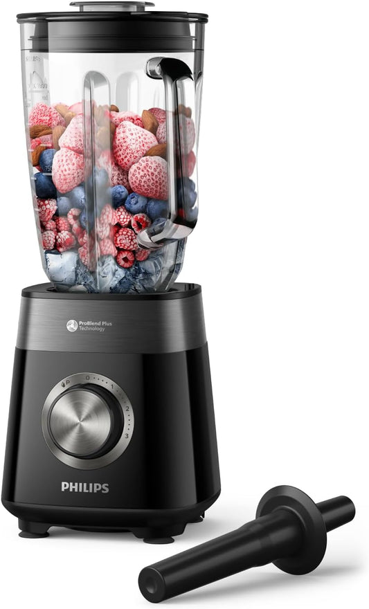 Philips 5000 Series Blender, 1200W ProBlend Plus Motor, Smooth Frozen Fruit Blending, 2L Ribbed Glass Jar, Tamper Tool, Easy Clean, Dishwasher Safe, Black
