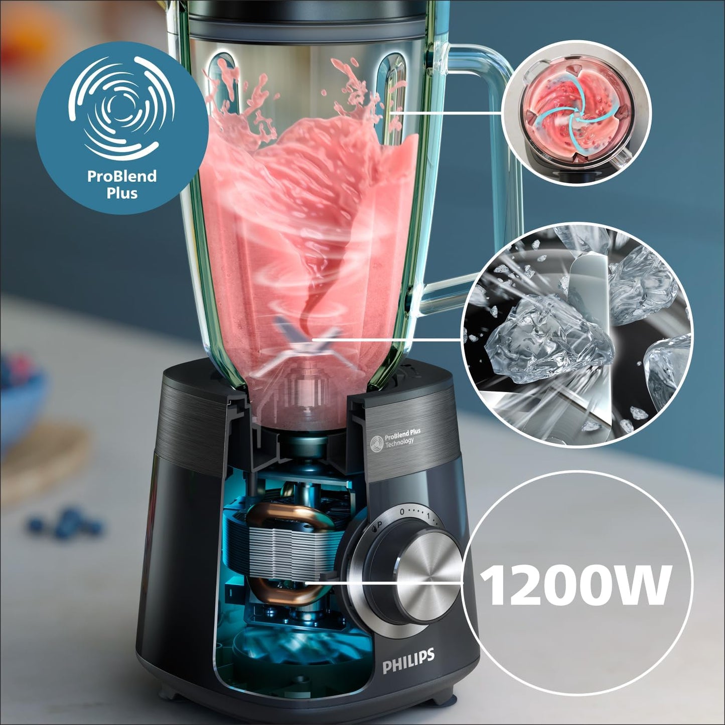 Philips 5000 Series Blender, 1200W ProBlend Plus Motor, Smooth Frozen Fruit Blending, 2L Ribbed Glass Jar, Tamper Tool, Easy Clean, Dishwasher Safe, Black