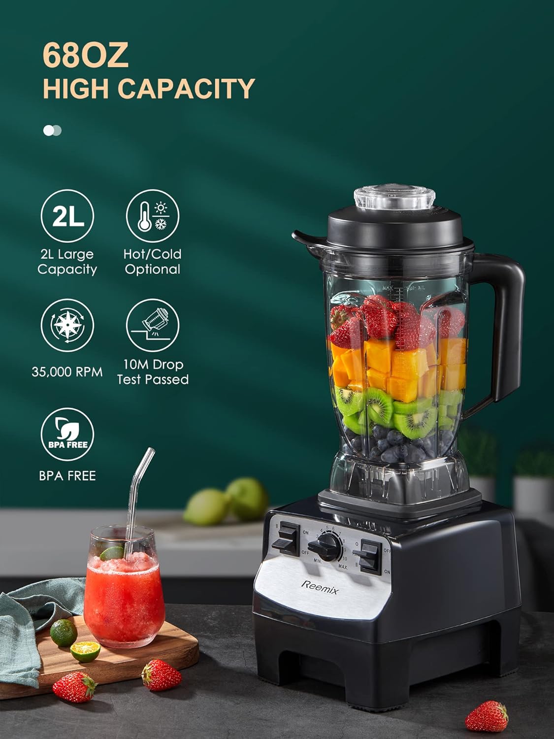 Smoothie Maker, 2000W Food Blender with 10 Speed Control, 2L BPA Free Tritan Container, 8 Titanium Stainless Steel Blades for Liquidisers