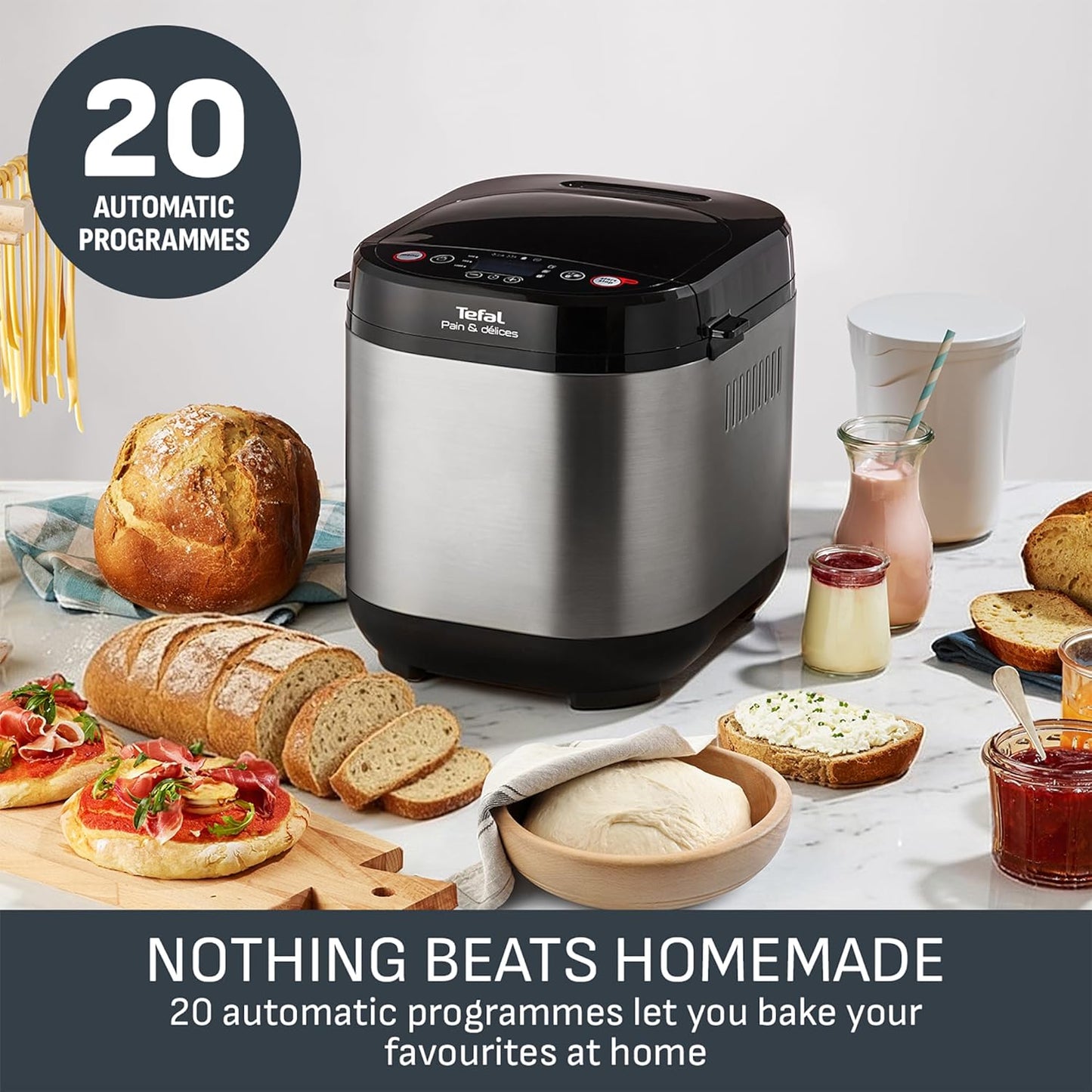 Tefal Breadmaker with Yoghurt Pot Accessory, 15 Hour Delay Start, 20 Auto Programs, Gluten Free, Sourdough, Pizza Dough, Porridge, Brioche, Crust Settings